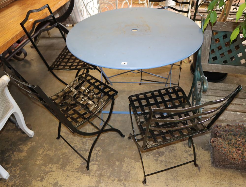 Four plated metal garden folding chairs and a table, table 96cm diameter